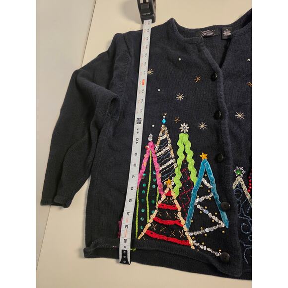 Crystal Kobe Womens XL black ugly cardigan sweater embroidered Christmas trees - Picture 6 of 7